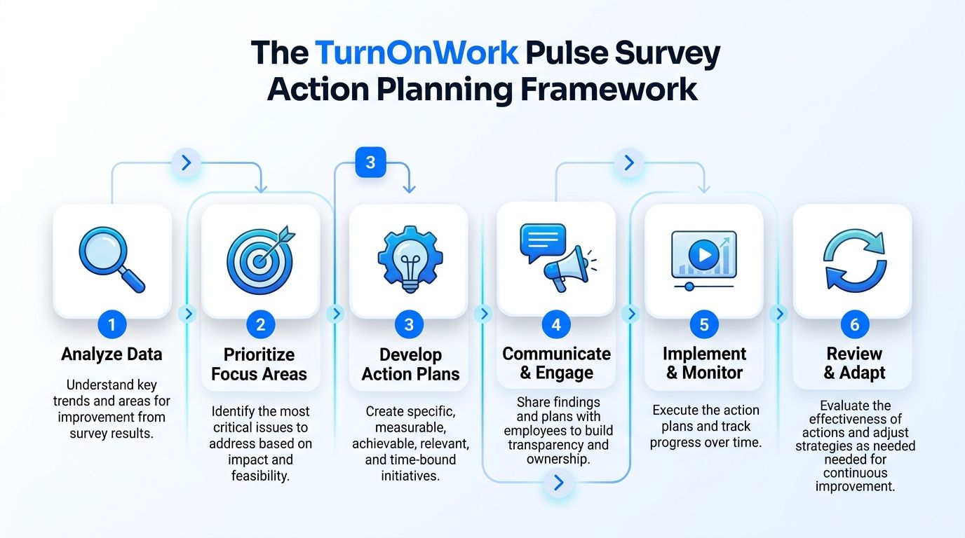 A six-step framework infographic for conducting TurnOnWork pulse survey action planning to improve workplace culture.