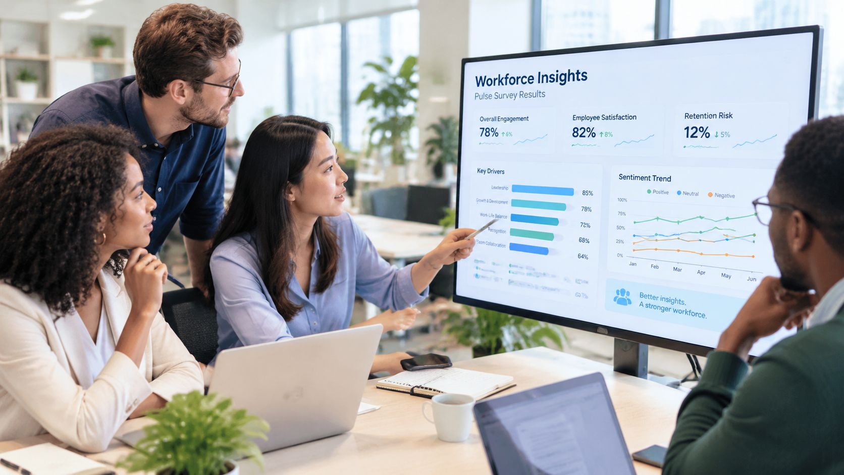 A diverse group of colleagues reviewing employee engagement data on a large digital screen in an office.
